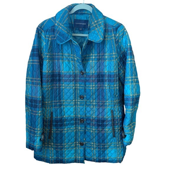 Lands End Quilted Plaid Barn Jacket Women Size L/T 14-16 Blue Gold Outerwear EUC - Picture 2 of 10
